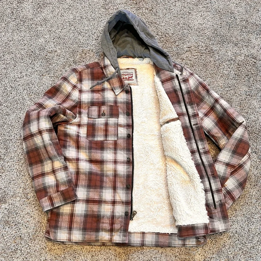 Levi's® Sherpa Lined Brown Ombre Plaid Shirt Jacket Jersey Hoodie Men’s L NEW - Picture 4 of 16